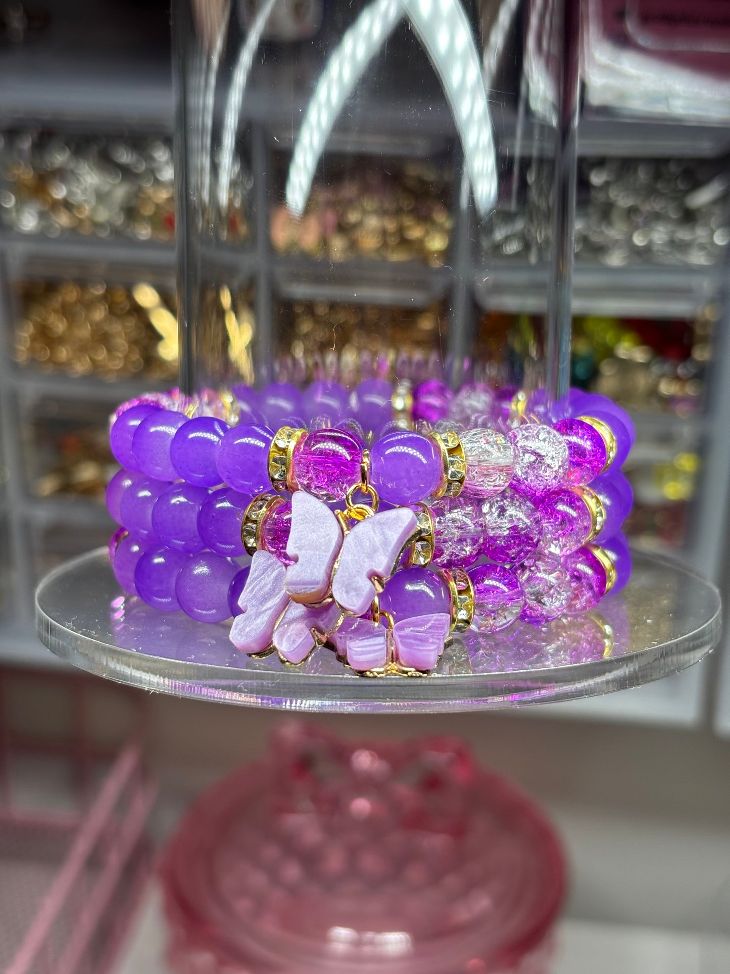 Purple butterfly bracelet with crystal purple beads