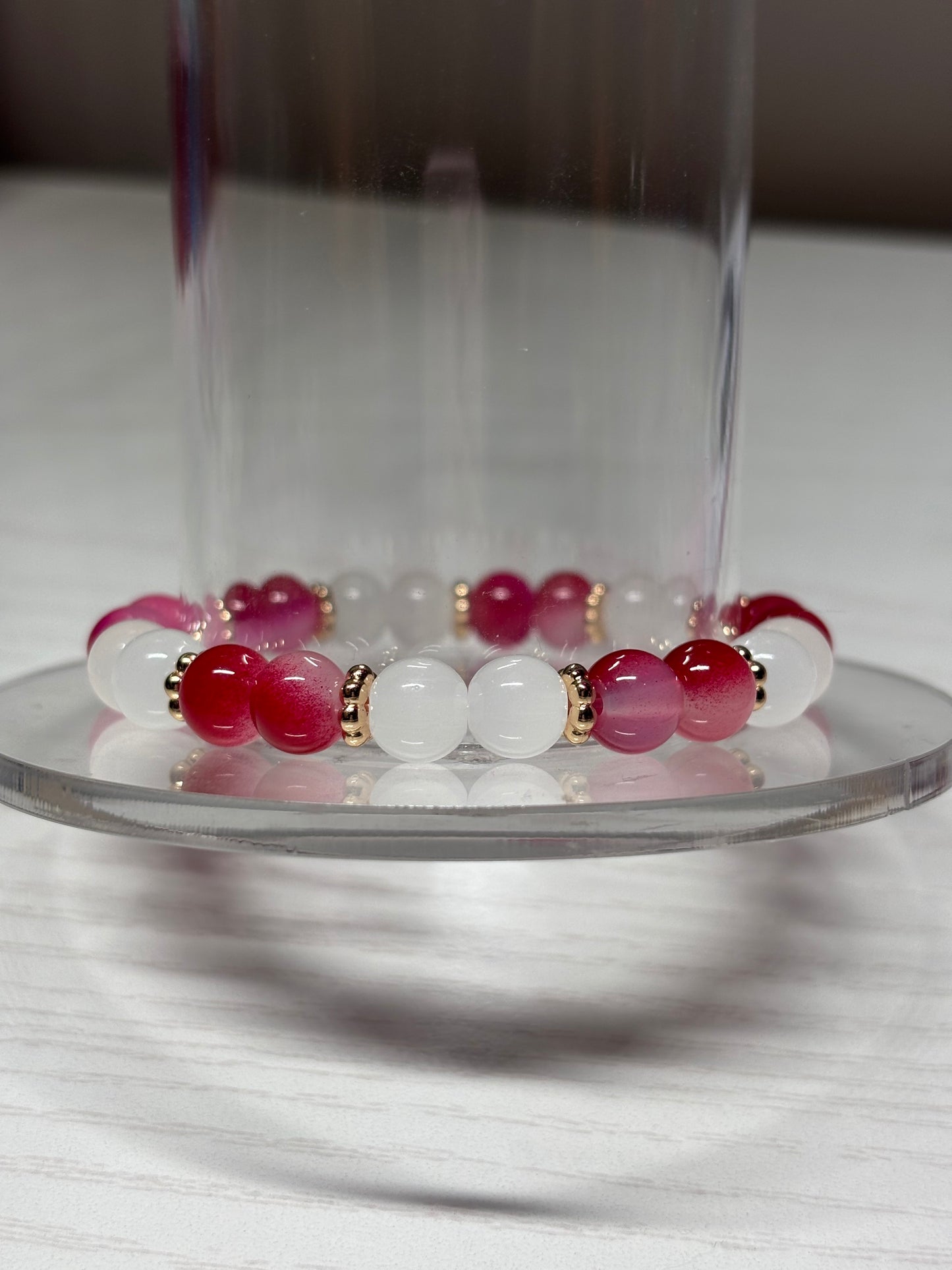Faded Red & White Beaded Bracelet