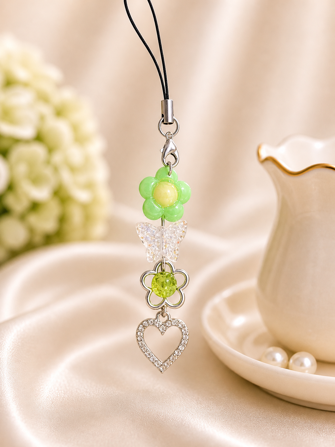 Green Bow Heart Phone Charm